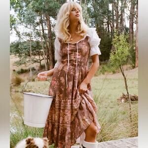 Spell meadowland linen brown midi sundress xxs